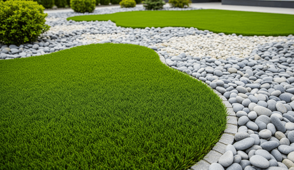 Giardini con erba sintetica e sassi